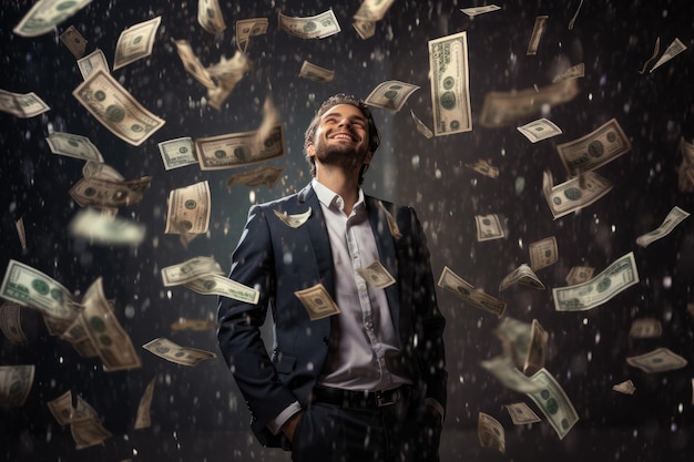 Un bel jeune homme d'affaires debout sous une pluie d'argent sur fond noir un homme heureux et prospère debout sous une pluie d'argent avec beaucoup d'IA générée