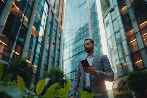 Un bel jeune homme d'affaires qui utilise un téléphone portable alors qu'il se tient dans la ville.