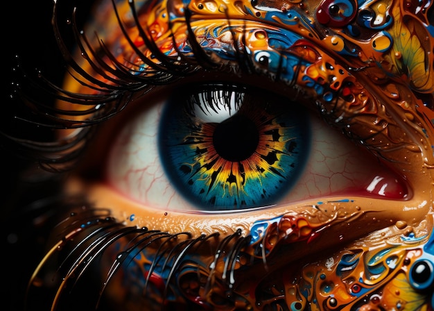 Bel œil macro shot avec pupille bleue et orange Décoration peinte et ornements autour de l'œil Close up Generative AI