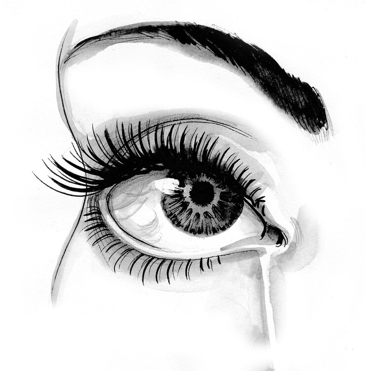 Photo bel oeil qui pleure avec larme. dessin noir et blanc à l'encre