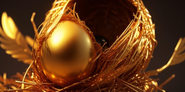 Photo bel œuf d'or brillant dans le nid d'oiseau