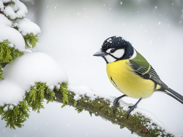 bel oiseau assis à la fin de l'automne dans le parc sur une branche de bouleau dans la neige