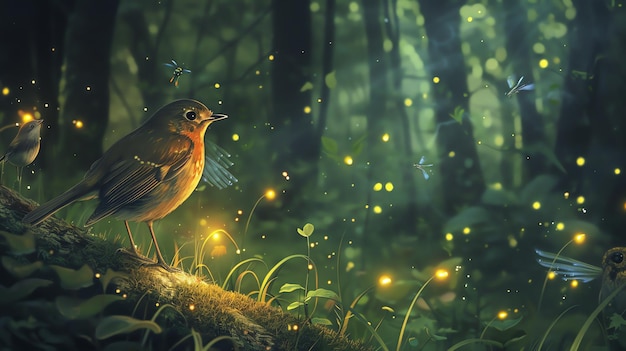 Photo un bel oiseau au ventre jaune et au dos brun est perché sur une branche d'une forêt verte luxuriante
