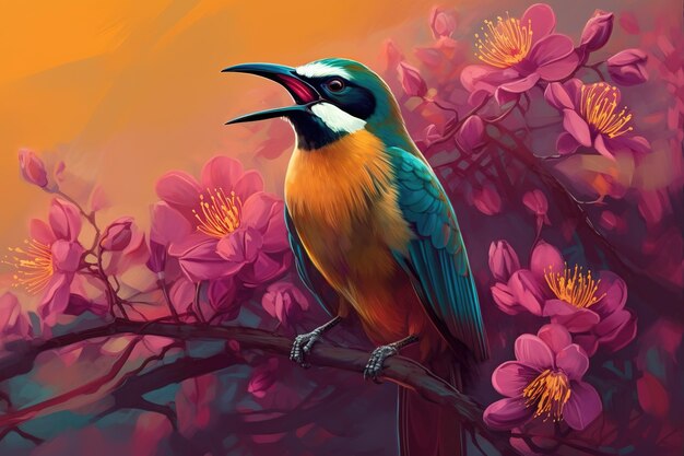 un bel oiseau aux multiples couleurs perché sur un arbre couvert de fleurs roses