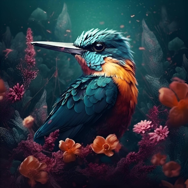 Bel oiseau bleu sur fond de fleurs et de plantes rouges