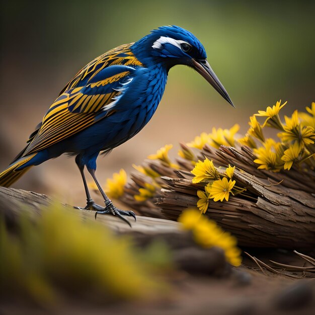 Bel oiseau bleu et jaune avec des fleurs jaunes dans son bec génératif ai