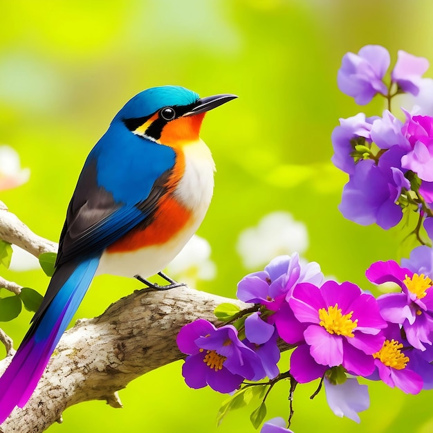 Photo bel oiseau debout sur une branche de fleur