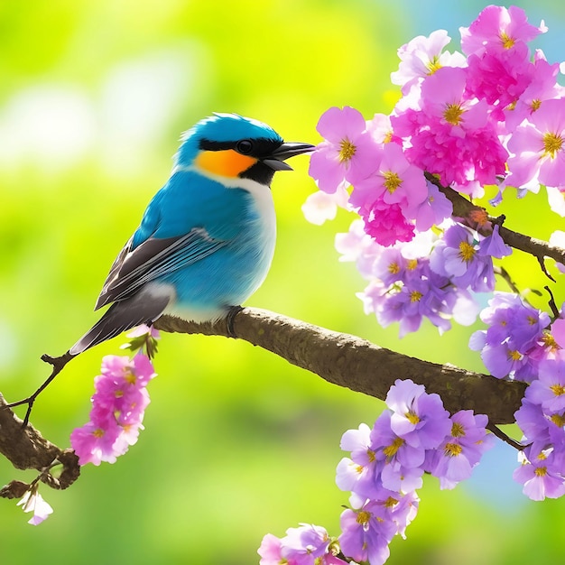 Photo bel oiseau debout sur une branche de fleurs