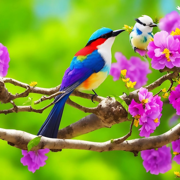 Photo bel oiseau debout sur une branche de fleurs