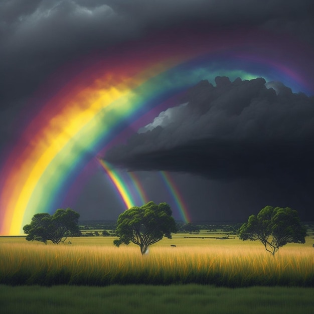 Un bel orage avec un arc-en-ciel se cambrant dans le ciel et une légère brise portant le paysage