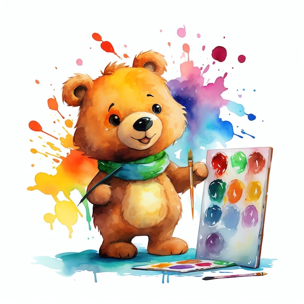 Photo bel ours avec illustration de clipart aquarelle artist palette