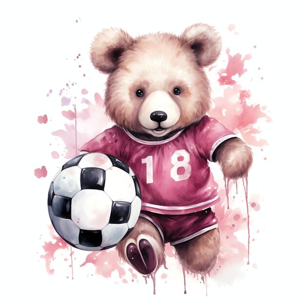 bel ours avec illustration clipart aquarelle ballon de football