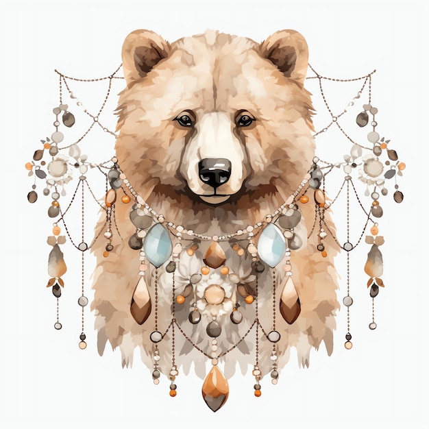 Photo bel ours avec illustration de clipart aquarelle de bijoux en perles