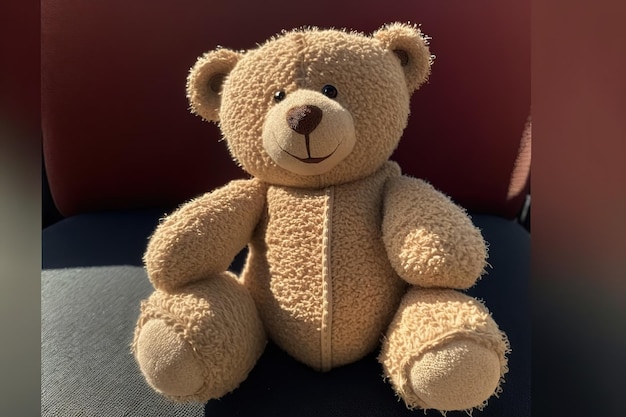 Un bel ours en peluche est assis contre un mur bordeaux Generative AI