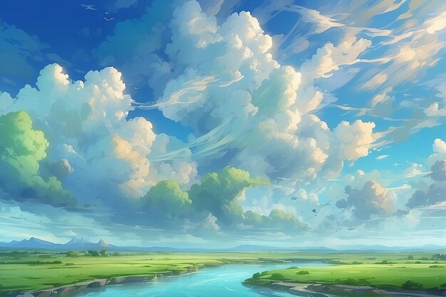 Bel paysage Arrière-plan bleu Ciel Nuages Peinture à l'huile Vue Papier peint Paysage Lumière Couleurs Vert Bleu Style d'anime Magique et coloré