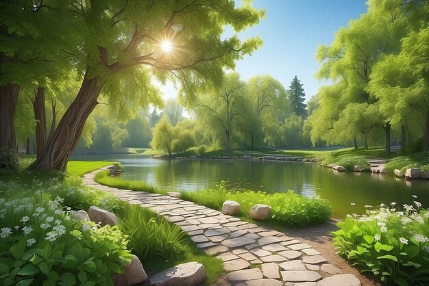 Photo bel paysage naturel de printemps d'été coloré avec un lac dans le parc entouré d'un feuillage vert d'arbres à la lumière du soleil et d'un sentier de pierre en premier plan