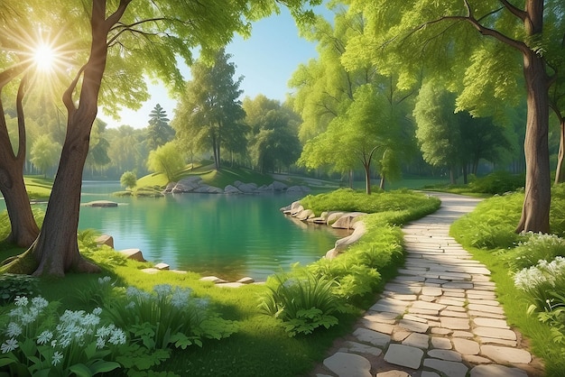 Bel paysage naturel de printemps d'été coloré avec un lac dans le parc entouré d'un feuillage vert d'arbres à la lumière du soleil et d'un sentier de pierre en premier plan