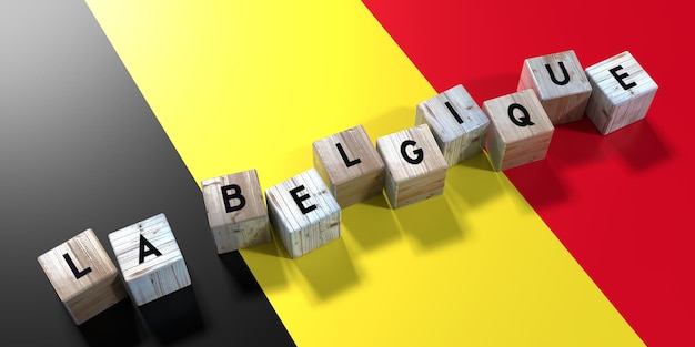 Photo belgique en cubes de bois français et illustration 3d du drapeau du pays
