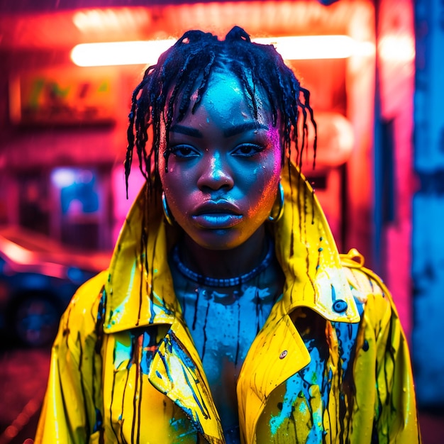 Bella afroamericana con chaqueta amarilla goteando pintura rosa neon bajo la lluvia foto colores neon tokyo