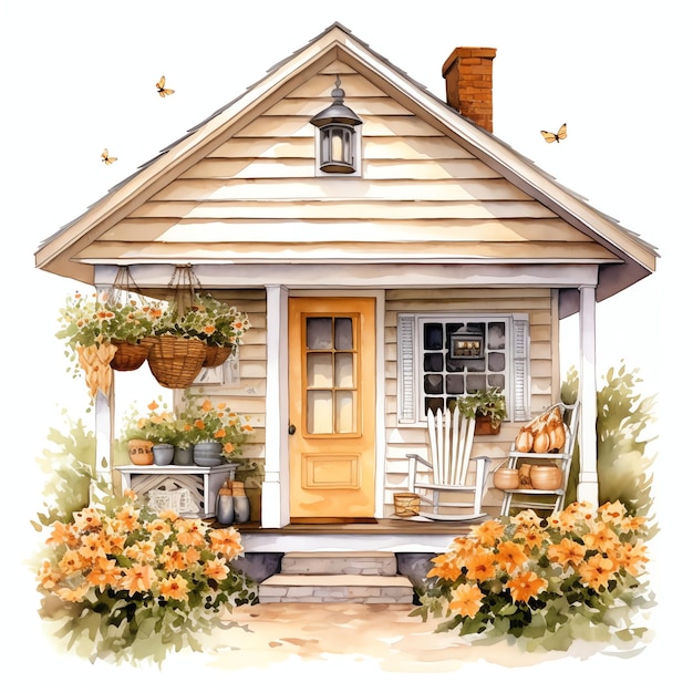 belle abeille et confortable chalet porche aquarelle clipart illustration