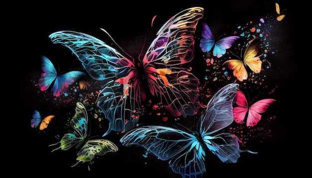 Belle abstraction de papillons lumineux sur fond noir
