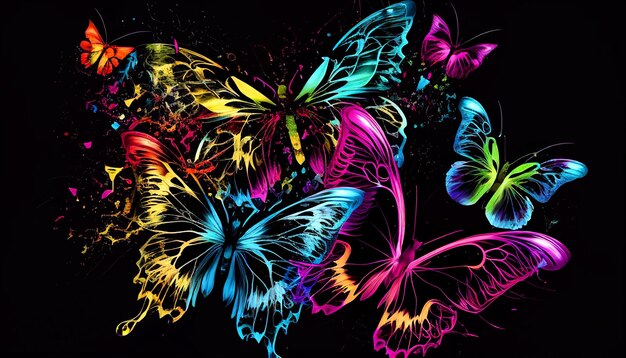 Belle abstraction de papillons lumineux sur fond noir