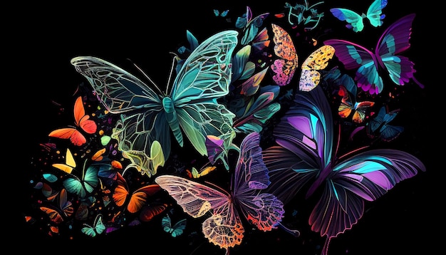 Belle abstraction de papillons lumineux sur fond noir