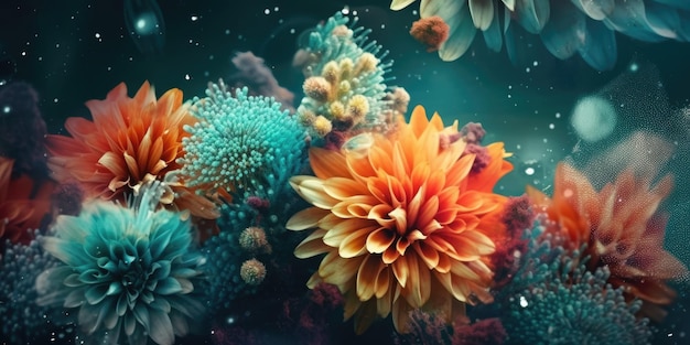 Belle abstraite corail turquoise et jaune nuit photo design floral bannière d'arrière-plan belle AI générative AIG32