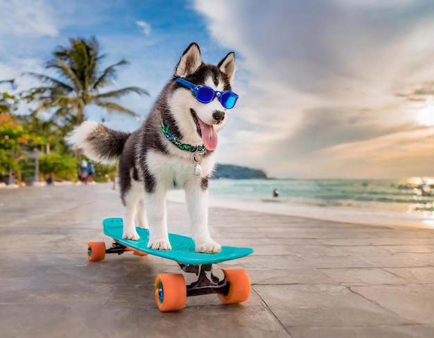 Une belle adolescente Husky sibérienne fait du skateboard sur une promenade au bord de la plage