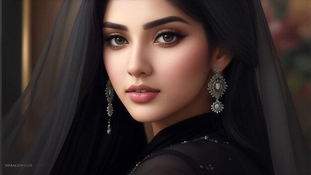 Belle adolescente pakistanaise asiatique avec une robe noire AI Generative
