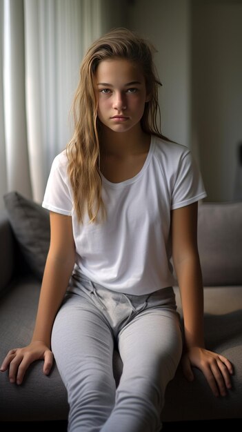 Photo une belle adolescente portant des jeans et un t-shirt blanc assise sur un canapé.