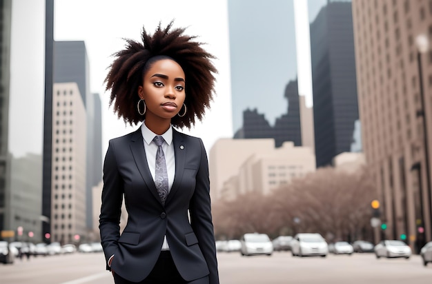 Belle afro-américaine en costume d'affaires sur fond de femme noire élégante métropolitaine dans un style classique au centre-ville Generative AI