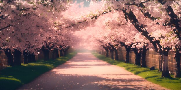 Belle allée fleurie au printemps en rose