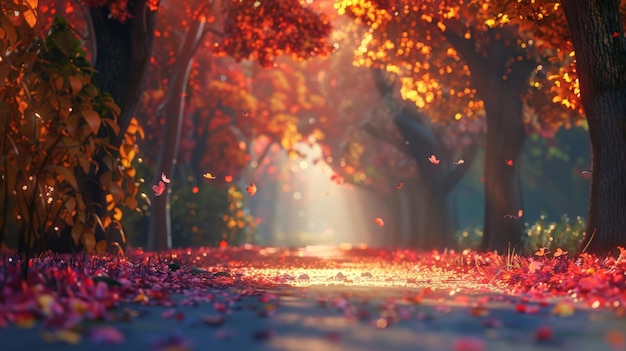 Une belle allée romantique dans un parc avec des arbres colorés et la lumière du soleil à l'arrière-plan naturel de l'automne