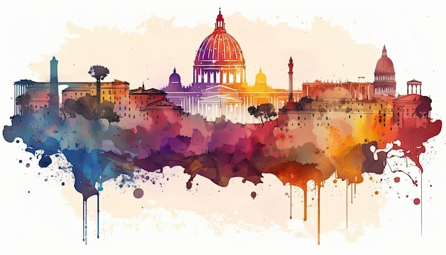 Belle aquarelle urbaine Rome City Skyline Générative AI