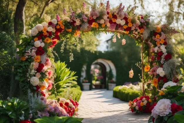 Photo une belle arche avec des fleurs et de la verdure