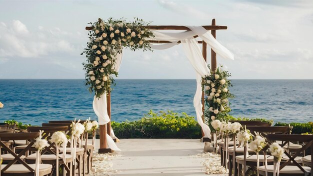 Une belle arche de mariage décorée près de la mer