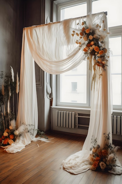 Belle arche de mariage de style Boho avec superposition de studio en tissu de gaze délicate en étamine