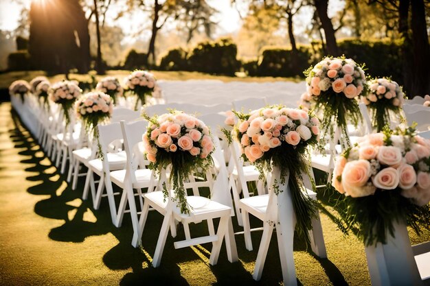 Photo belle arrangement de fleurs de mariage des sièges le long de l'allée