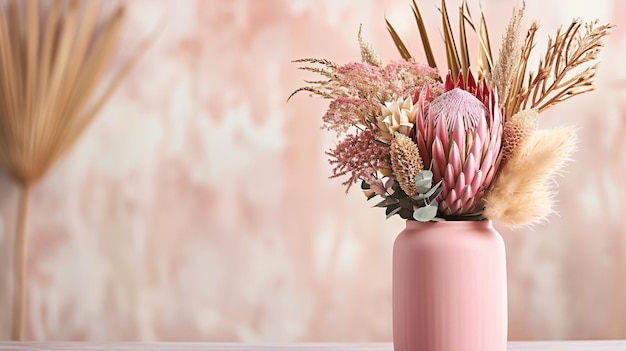 Belle arrangement de fleurs séchées dans un vase rose élégant dans le bouquet de fleurs rose génératif Ai