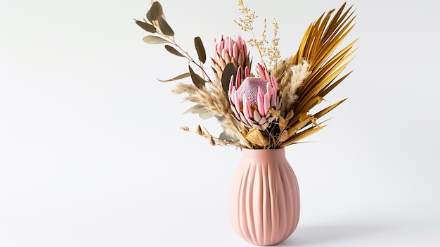 Photo belle arrangement de fleurs séchées dans un vase rose élégant génératif ai