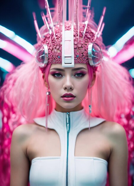 Une belle artiste aux cheveux roses toute blanche en tenue futuriste élégante avec un casque complexe d