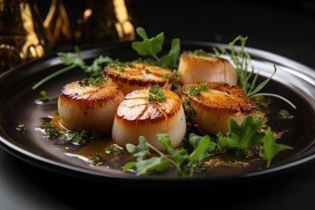 Belle assiette de pétoncles poêlés sous vide avec herbes et épices créées avec ai générative