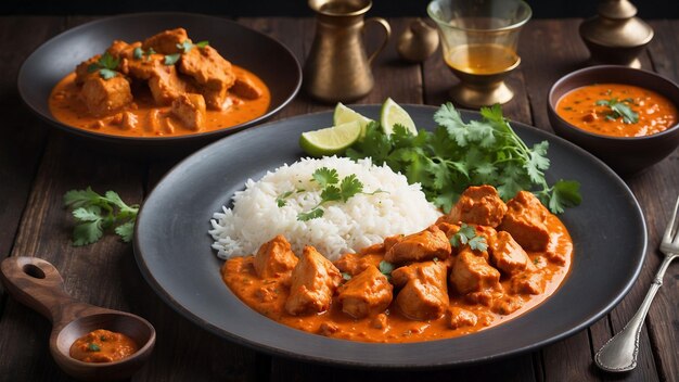 Une belle assiette de poulet Tikka Masala à la vapeur sur une table en bois sombre