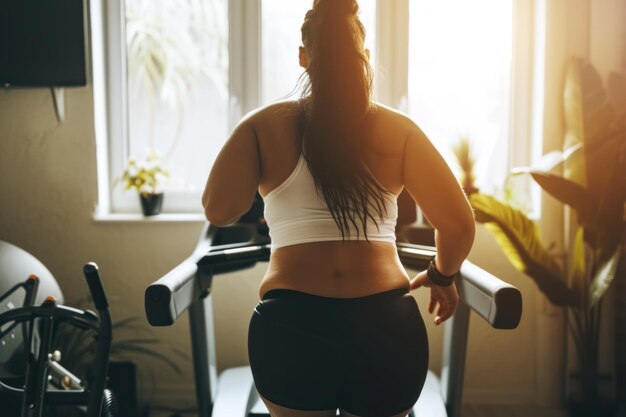 Belle athlète de taille plus positive femme sportive qui court sur un tapis roulant à son gymnase à la maison intérieur blanc et doux relaxant