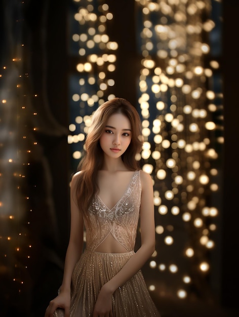 Une belle et attrayante femme asiatique bien habillée debout sur un fond romantique bokeh