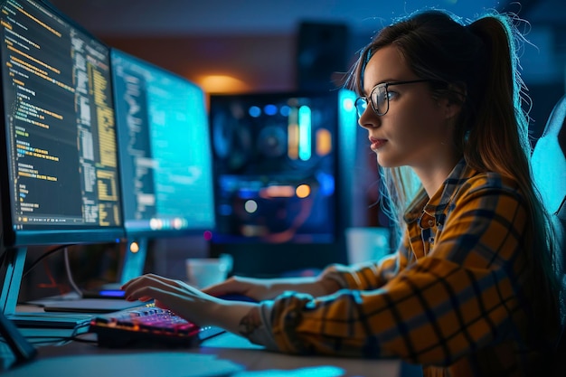 une belle et attrayante femme qui travaille à l'ordinateur