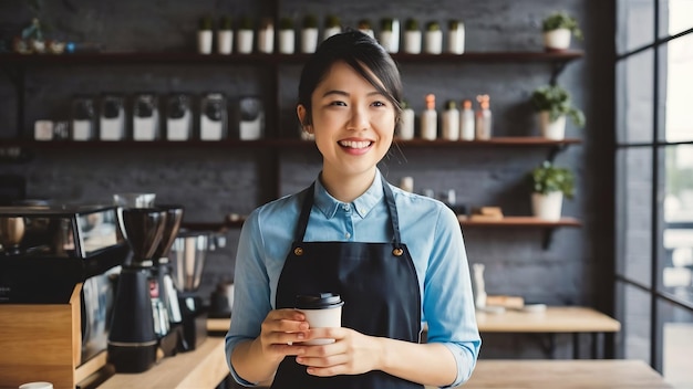 La belle et attrayante propriétaire d'un café asiatique sourit avec joie et joie avec un tablier de tasse de café.