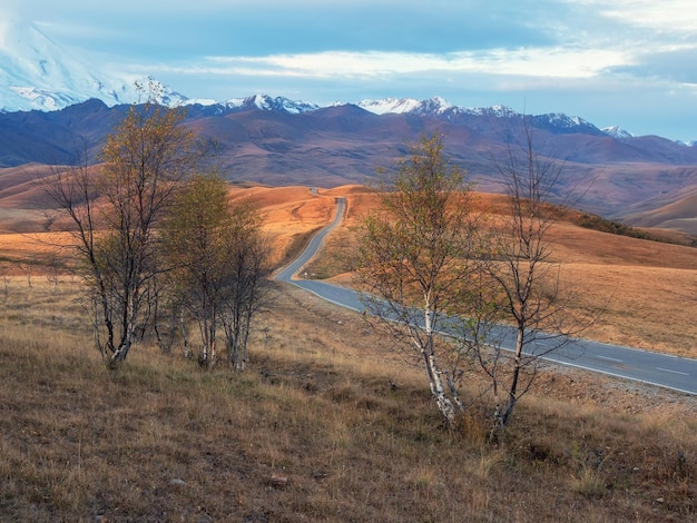 Belle autoroute asphaltée Vue matinale d'une route qui s'étend au loin à travers les pittoresques collines d'automne Une route sinueuse s'étend au loin jusqu'aux montagnes enneigées