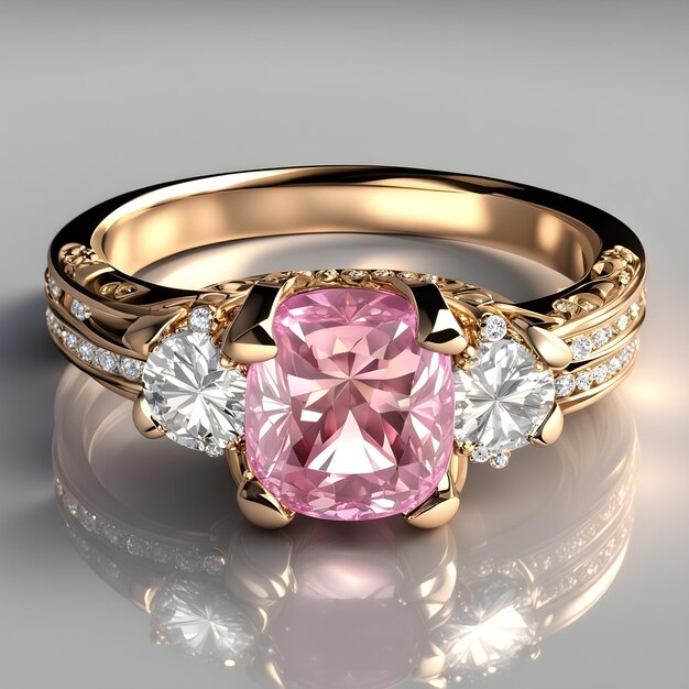 Photo une belle bague en or photoréaliste de haute qualité, coûteuse, détaillée, aux diamants et au rose.